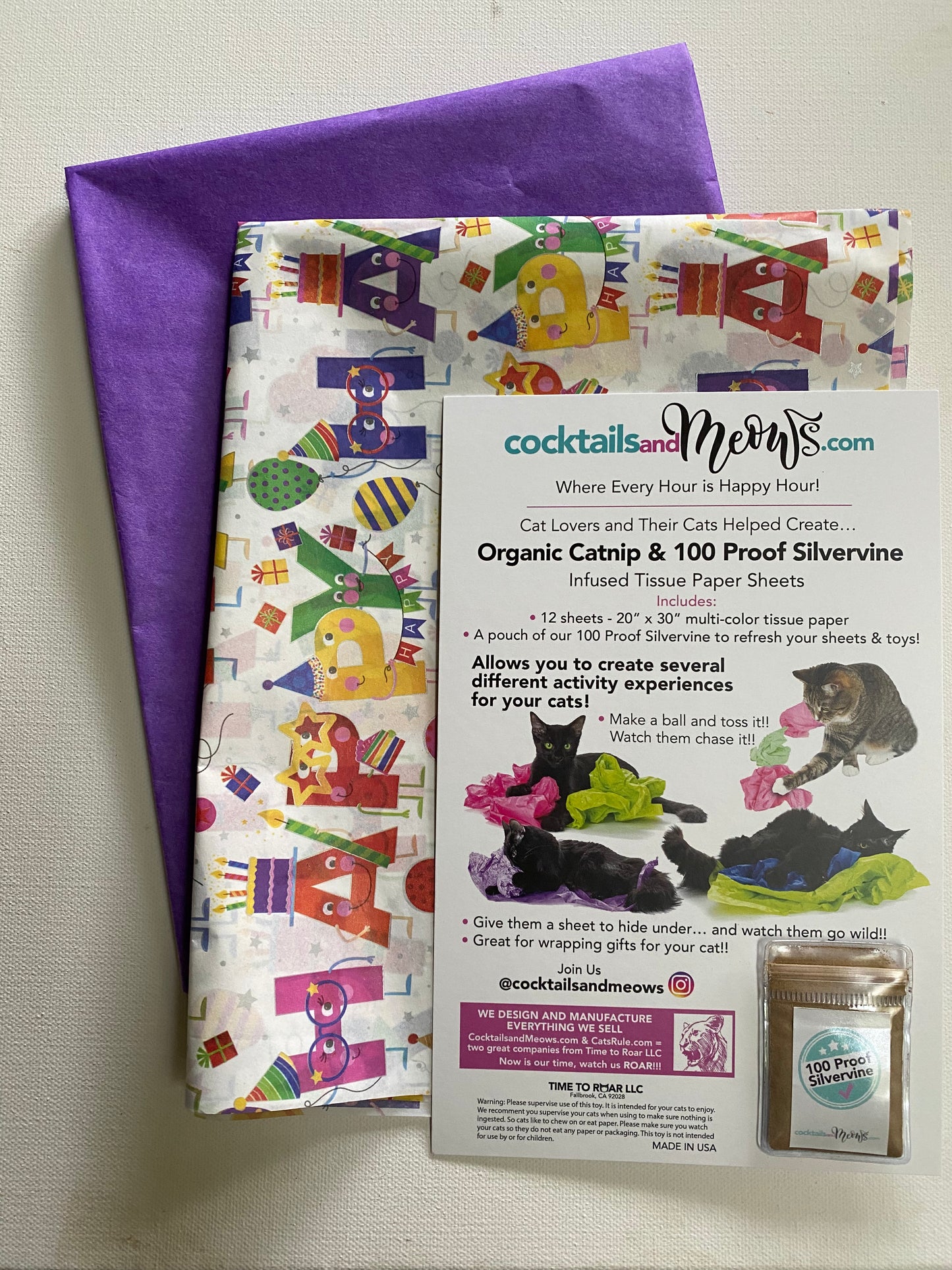 MeowDays 100 Proof Silvervine & Organic Catnip Infused Happy Birthday Crinkle Sheets