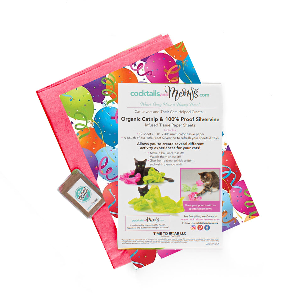 Time to Party! Organic Catnip & Silvervine Infused Paper Sheets (Balloons/Pink)