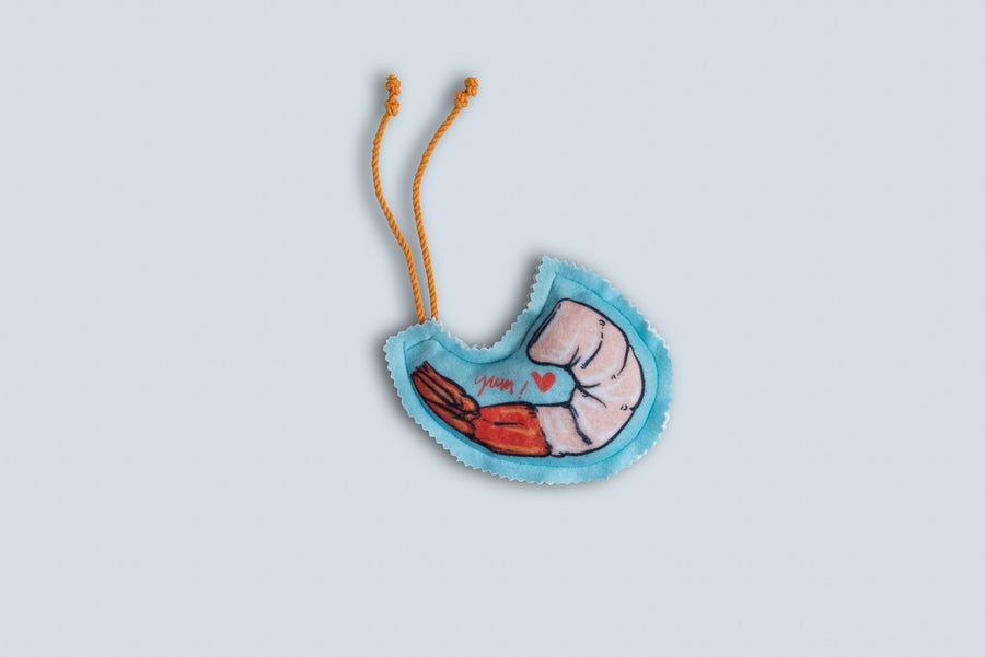 Shrimpalicious! Shrimp on a Rope Catnip, Silvervine & Crunch Toy - Blue